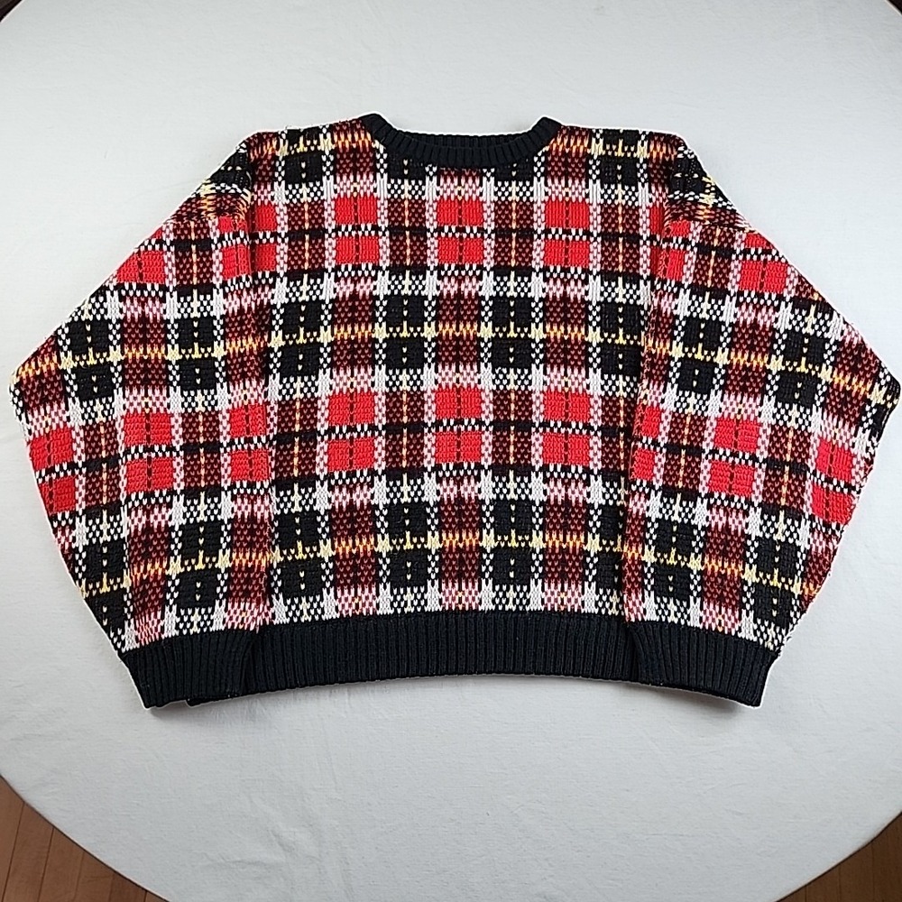 VTG 80s Higbee's Womens Black Plaid Grid Geometric Knit Sweater L/XL Short